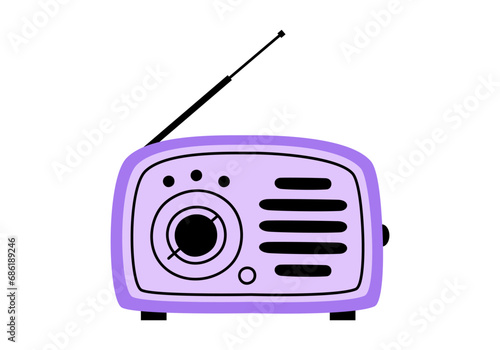 Hand drawn cute cartoon illustration of retro radio player. Flat vector old audio equipment sticker in colored doodle style. Vintage shortwave device for listening music with antenna icon. Isolated.