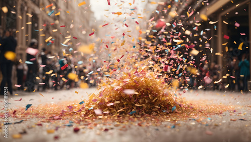An explosion of vibrant and shimmering confetti scattering across a white space, capturing a moment of celebration and festivity. © xKas
