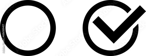 Circle and Check Mark in Circle Select Button Icon Set. Vector Image.