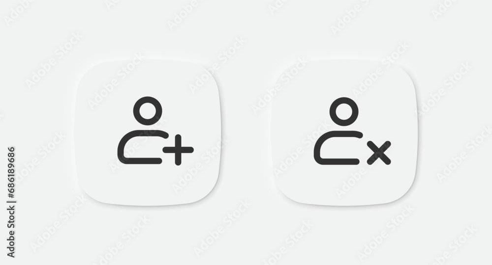 Add, delete user icon. Plus, minus person sign. New profile button symbol. Close profile. Vector isolated sign. Add, delete user icon. Plus, minus person sign. New profile button symbol. Close profile. Vector isolated sign.