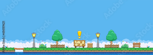 8bit colorful simple vector pixel art horizontal illustration of cartoon park with bench, trees, lanterns and quest bulletin board in retro video game platformer level style