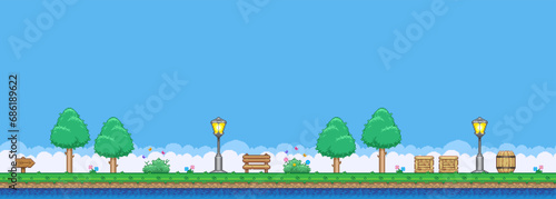 8bit colorful simple vector pixel art horizontal illustration of cartoon park with benches, trees, lanterns in retro video game platformer level style