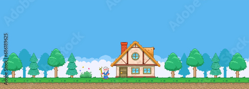 8bit colorful simple vector pixel art horizontal illustration of cartoon house of old elf druid in the middle of dense forest in retro video game platformer level style