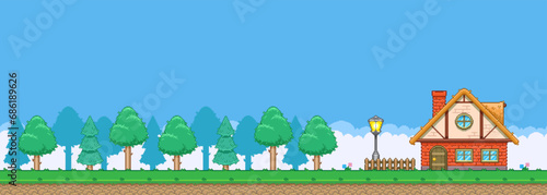 8bit colorful simple vector pixel art horizontal illustration of cartoon cute little house on the edge of the woods in retro video game platformer level style