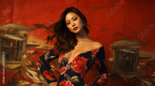 A fashion editorial photoshoot of an Asian model in her 20s