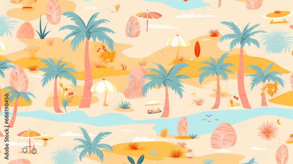 Obraz premium a seamless pattern with objects such as palm trees and some others with soft colors, suitable for printing on fabric.