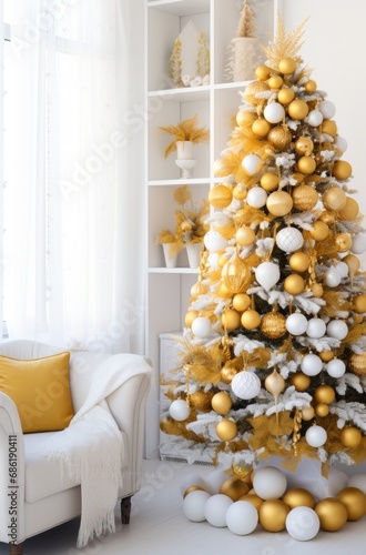 gold disco balls on a white christmas tree