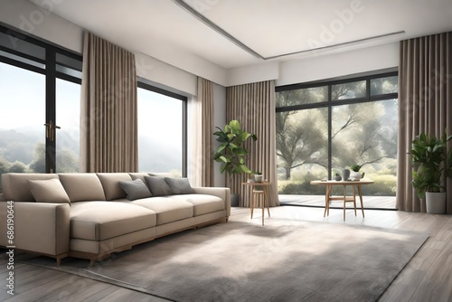 interior design and decoration with beige fabrid sofa  grey carpet out side window view landescape