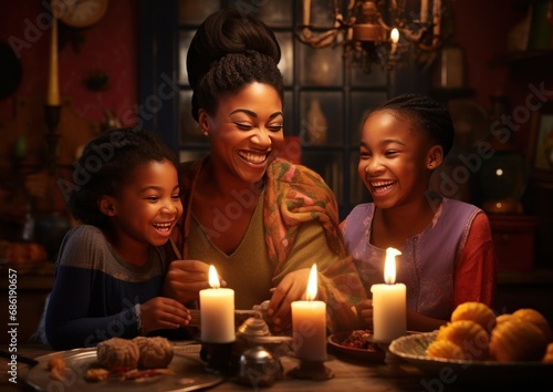 mother and daughters around the candle in their kitchen