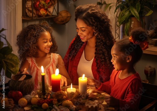 mother and daughters around the candle in their kitchen