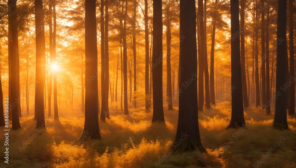 Obraz premium Enchanting Sunset in the Forest. Sunlight Through the Trees Landscape.