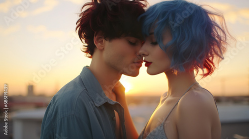 modern young couple kissing and hugging at sunset, gen z man and woman with colored hair kiss and embrace portrait