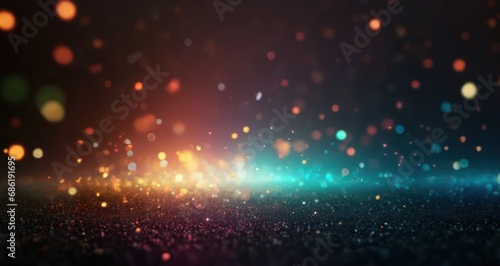 Background with gold and green particles patching over the ground. Abstract golden light shine particles bokeh on green background. Holiday design.