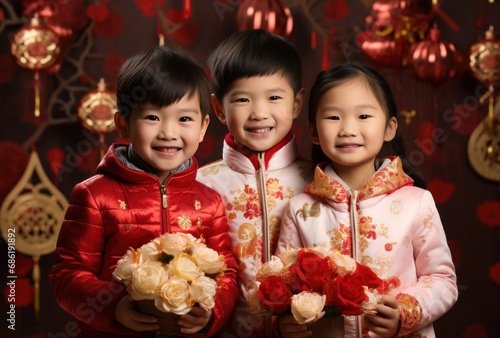3 kids in traditional and carrying the fortune cookie