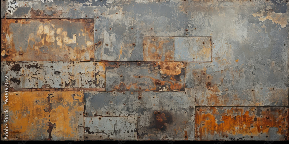 Close-up of weathered, rusted metal, the intricate patterns standing out against a stark, grey urban landscape