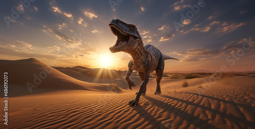 a t rex running towards the sun into the sand desert. Generative Ai content