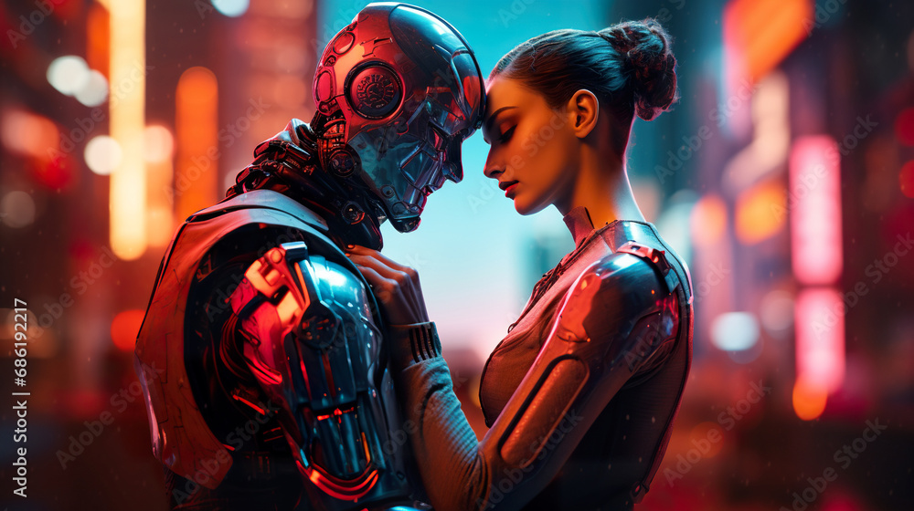 human and robot couple love and hug, robotic man and woman embrace and kiss, relationship of human and machine, artificial intelligence concept - obrazy, fototapety, plakaty 