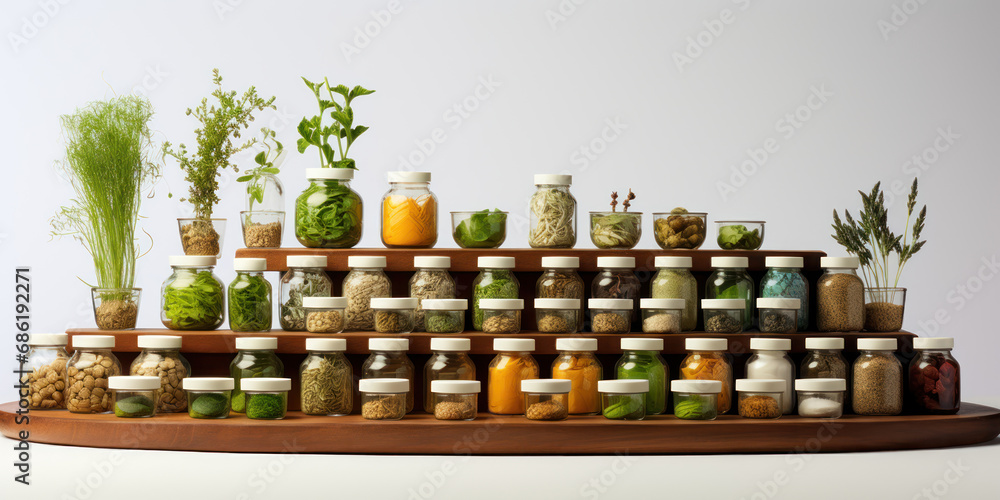 Collection of traditional herbal remedies alongside modern pharmaceuticals, set against the backdrop of a clean, clinical pharmacy Collection of traditional herbal remedies alongside modern pharmaceuticals, set against the backdrop of a clean, clinical pharmacy