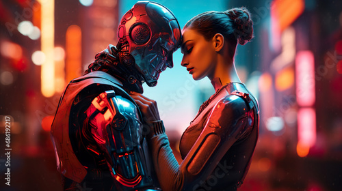 human and robot couple love and hug, robotic man and woman embrace and kiss, relationship of human and machine, artificial intelligence concept