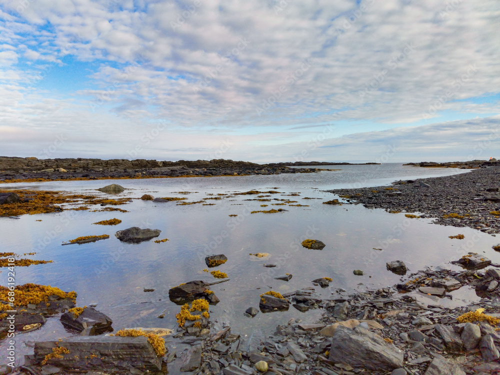 Fototapeta premium The rocky coast of the Barents Sea. Beautiful view of the rocks and the coast of the Rybachy and Sredny peninsulas, Murmansk region, Russia. The landscape is the harsh beauty of the north.