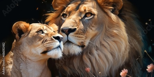 A big beautiful lion and a lioness lying in their hebitat. Lion couple.