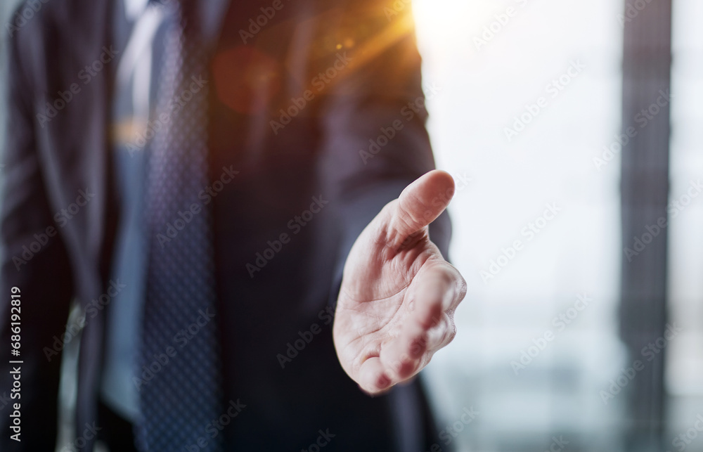 Close up agent reach out hand to camera handshake client.