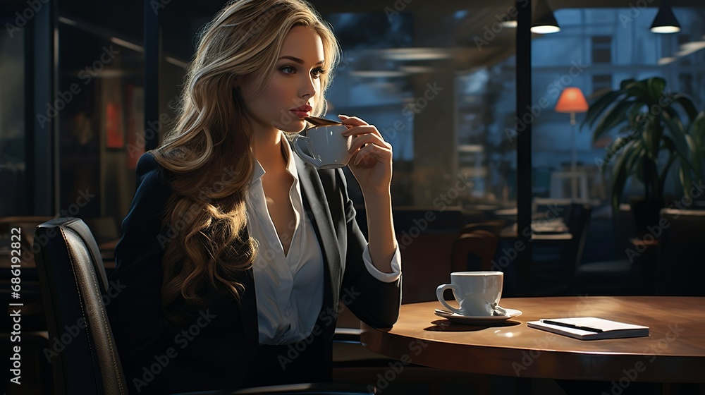 Portrait of a woman working in an office while drinking coffee Portrait of a woman working in an office while drinking coffee