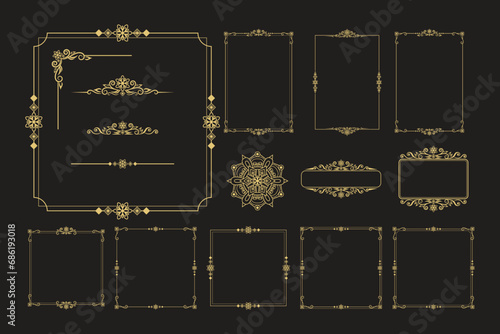 Set Of Golden Vintage ornament with border, frame, crown, ornate,  mandala and luxury elements, suitable for vintage design or wedding invitation card