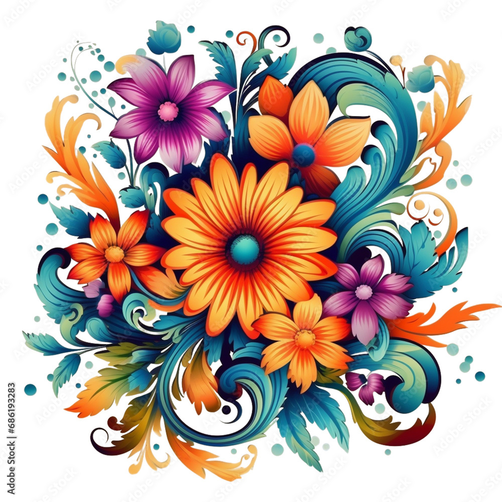 A floral pattern with leaves and flowers.
A floral pattern with leaves and flowers.