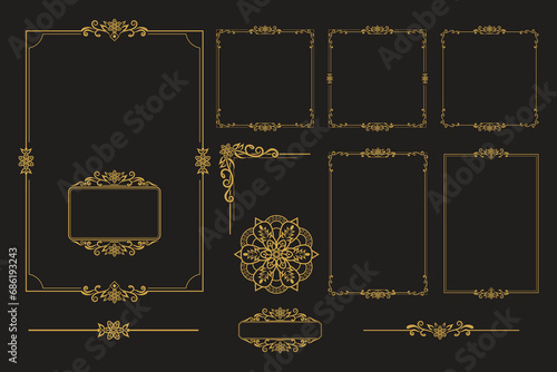 Set Of Golden Vintage ornament with border, frame, crown, ornate, mandala and luxury elements, suitable for vintage design or wedding invitation card