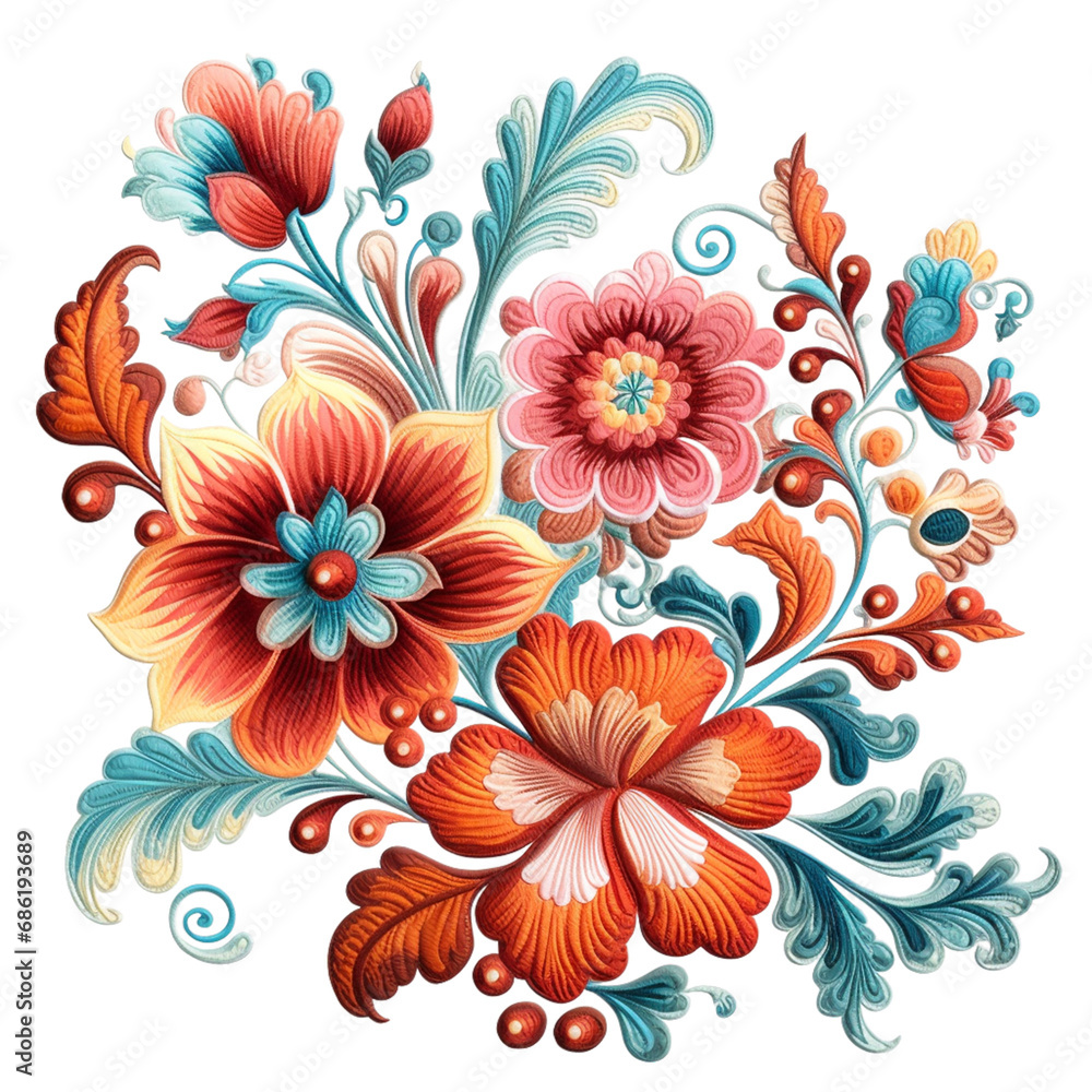 A floral pattern with leaves and flowers.
A floral pattern with leaves and flowers.