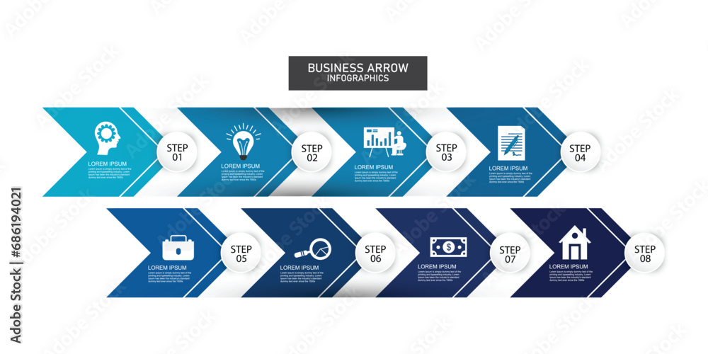 Arrow business model with 8 successive steps. eight colourful graphic elements. Timeline design for brochure, presentation Arrow business model with 8 successive steps. eight colourful graphic elements. Timeline design for brochure, presentation