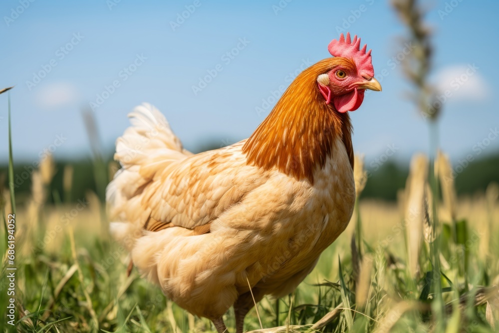 Fototapeta premium A detailed image of a free-range chicken foraging for food in a verdant pasture under a clear blue sky