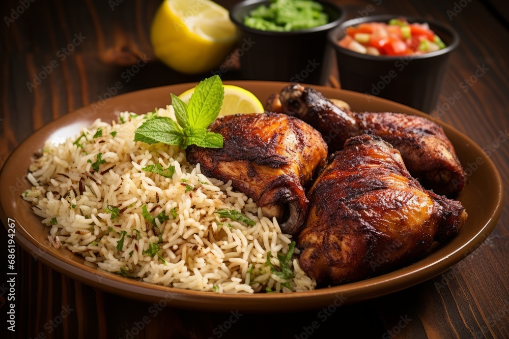 A tantalizing dish of Jamaican jerk chicken, complemented with rice and peas, and a hint of lime on a rustic backdrop - obrazy, fototapety, plakaty 