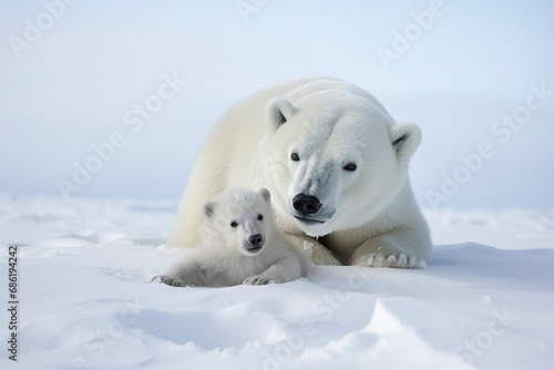 A mother polar bear and her cub are lying on the snow in a peaceful snowy landscape, ai generative
