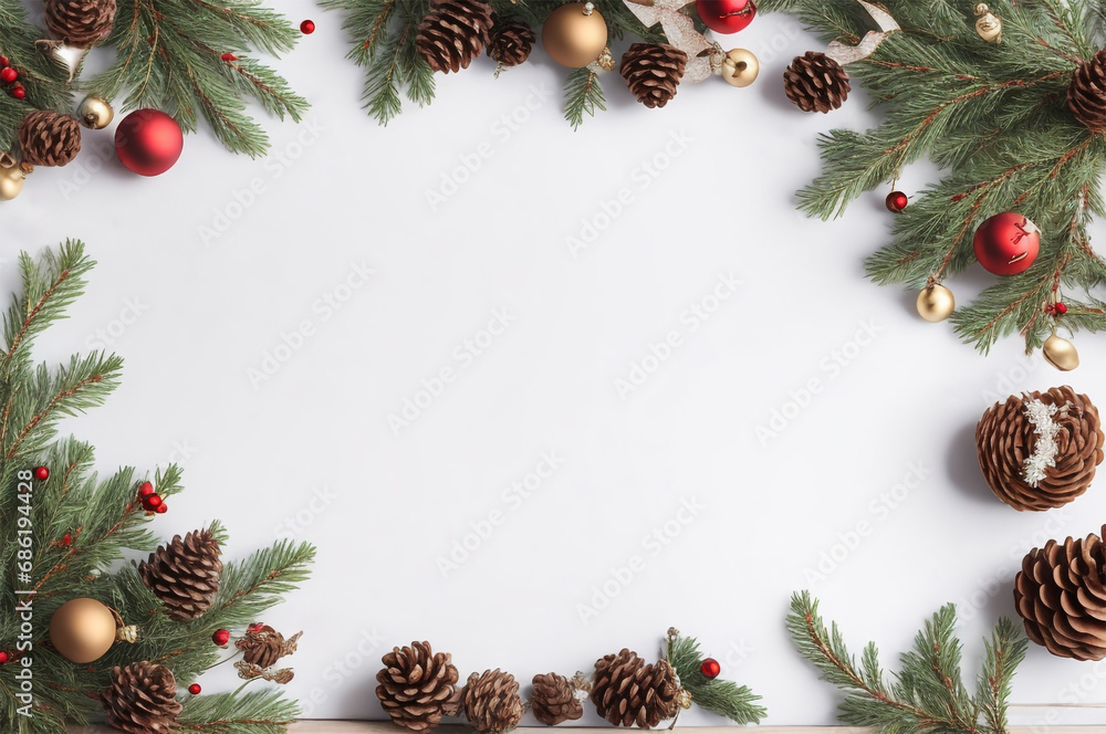 Fototapeta premium Christmas background with fir branches and cones