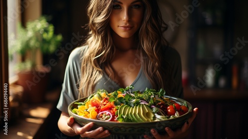 Woman-eating-salad-and-holding-palate-of-salad 