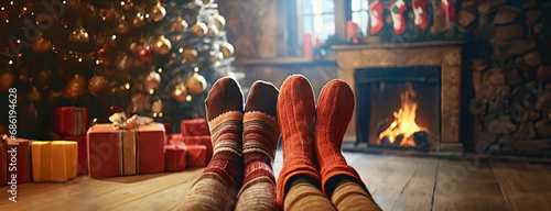 Couple in warm knitted socks by fireplace next to New Year's gift boxes on Christmas tree background. Cozy home interior on cold winter evenings. Panorama with copy space. photo