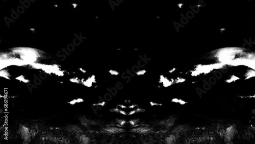 black ink splatter horror paper rorschach face revealing liquid streams transition crossfade movie intro title grunge  photo