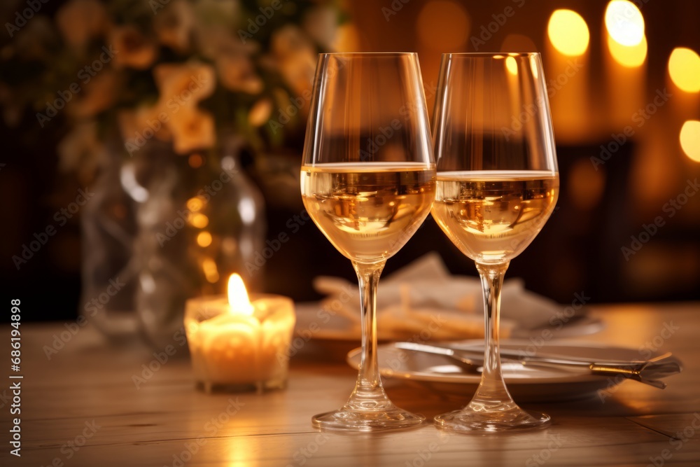 An intimate dinner setting showcasing a glass of white wine, highlighted by the soft flicker of candlelight An intimate dinner setting showcasing a glass of white wine, highlighted by the soft flicker of candlelight