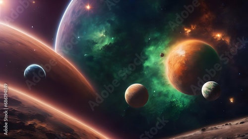 Fictional wallpaper of the space full of planets, stars and solar clouds which designed in many colors and random shapes and placements. AI Generated