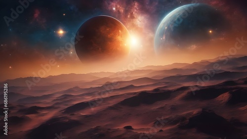 Fictional wallpaper of the space full of planets, stars and solar clouds which designed in many colors and random shapes and placements. AI Generated