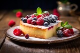 Delightful slice of German Kasekuchen on a vintage plate, garnished with summer berries and a dusting of sugar