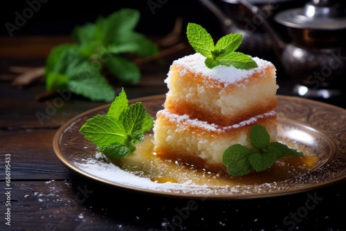 Delicious Greek Kataifi dessert served on a white plate with a fresh mint garnish  all on a rustic wooden table