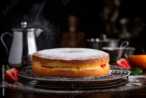 A homemade Genoise sponge cake resting on a cooling rack, sprinkled with powdered sugar in a charming country kitchen