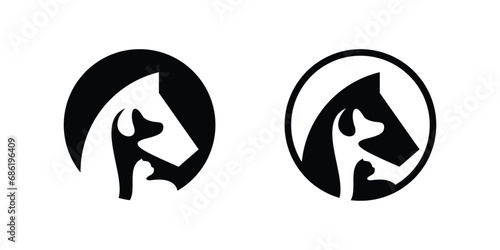 logo design combining the shape of a horse's head with a dog and cat, negative space logo.