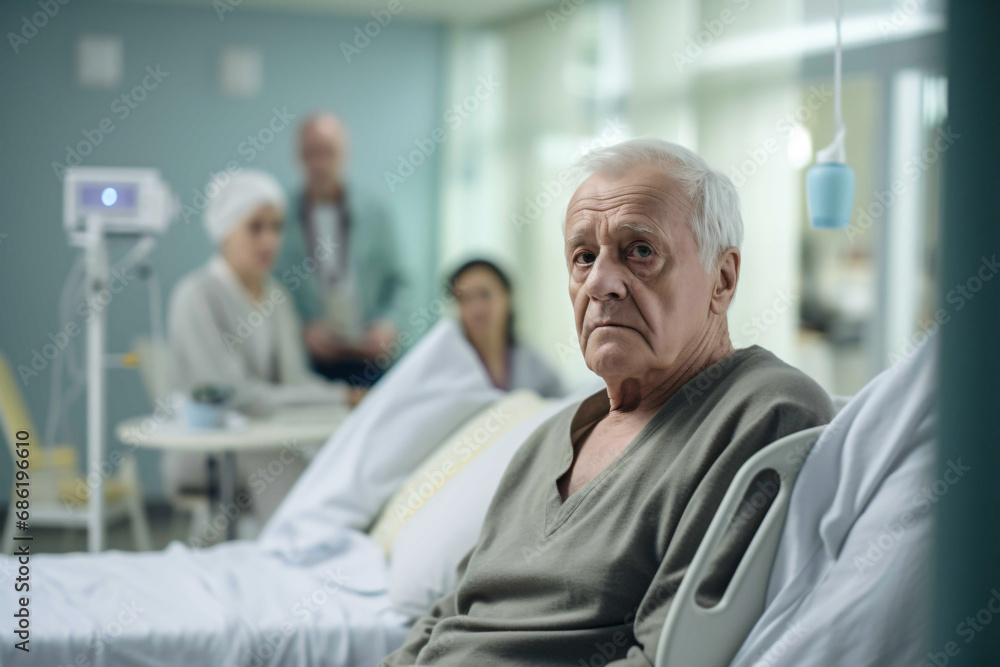 Obraz premium An old depressed male cancer patient lies in the hospital
