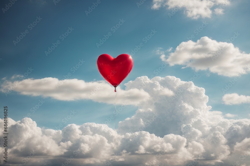 Beautiful red hart shape balloon against sky with clouds. Concept of love, fogivness, Valentine's day. AI generated