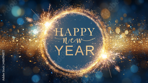 Happy new year banner background illustration greeting card with text - Circle frame made of glowing glitter sparkling sparklers firework, isolated on texture with gold blue glitter bokeh particles photo