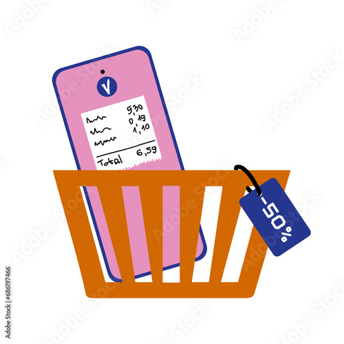 Smartphone with check icon on screen Place in orange shopping cart with sale tag on it. Online shopping concept. Vector Flat illustration isolated on white background. Web site purchase and paying.